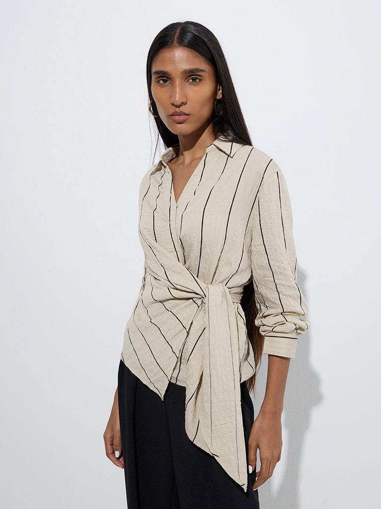 Wardrobe Beige Stripe Printed Textured Top