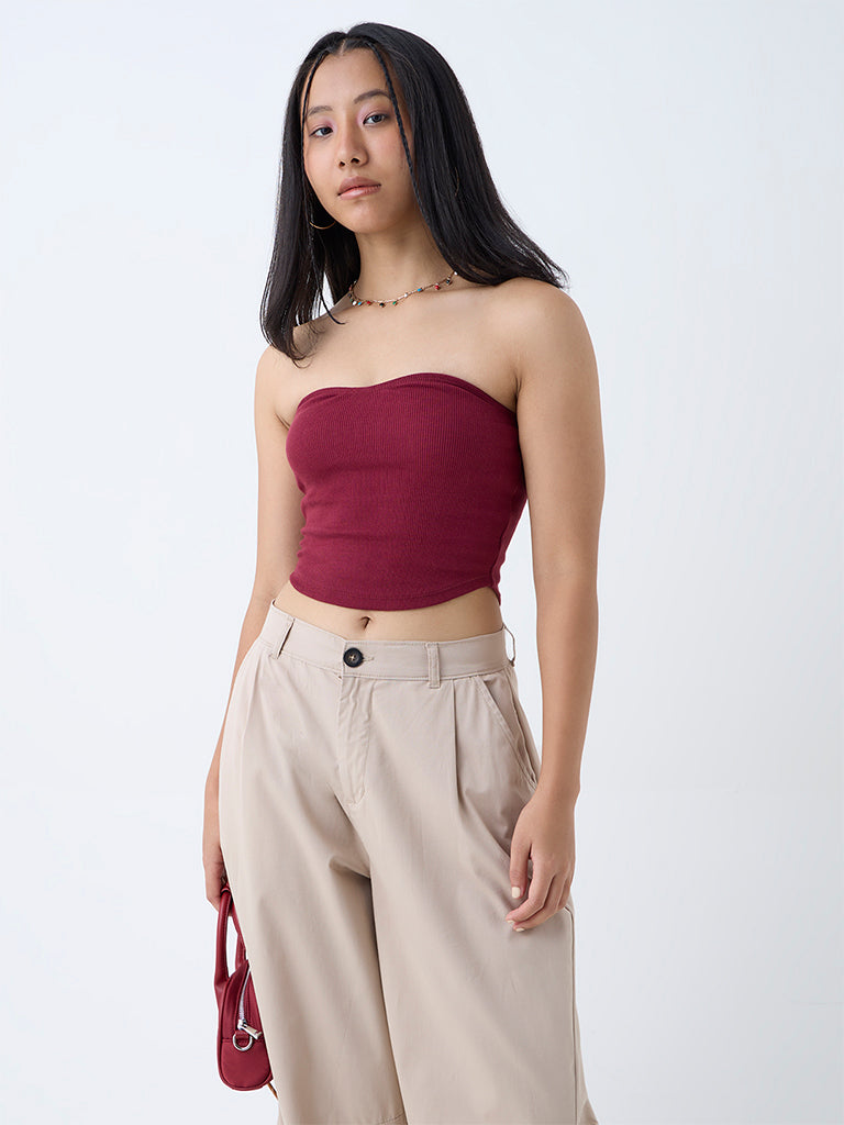 Nuon Wine Ribbed Cotton-Blend Tube Top