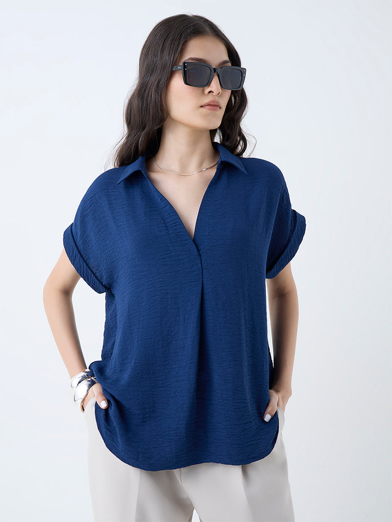 Wardrobe Indigo Crinkle-Textured Top