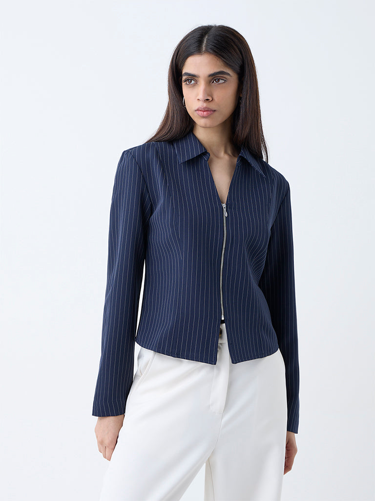 Wardrobe Navy Pinstriped Cotton Shirt