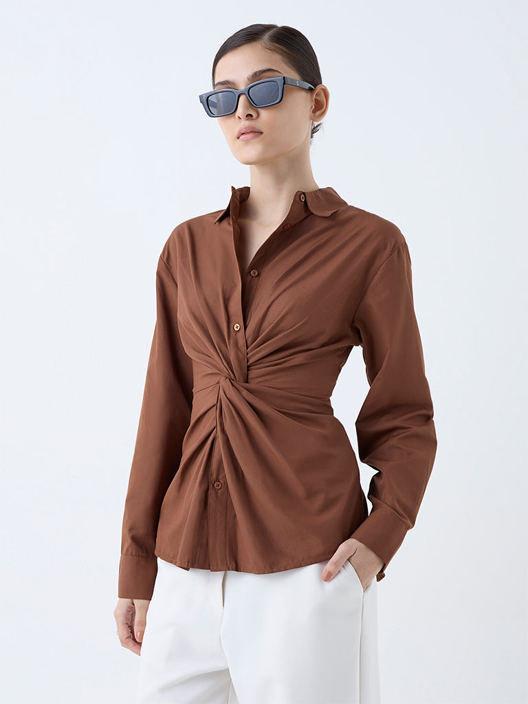 Wardrobe Brown Knot-Detailed Shirt