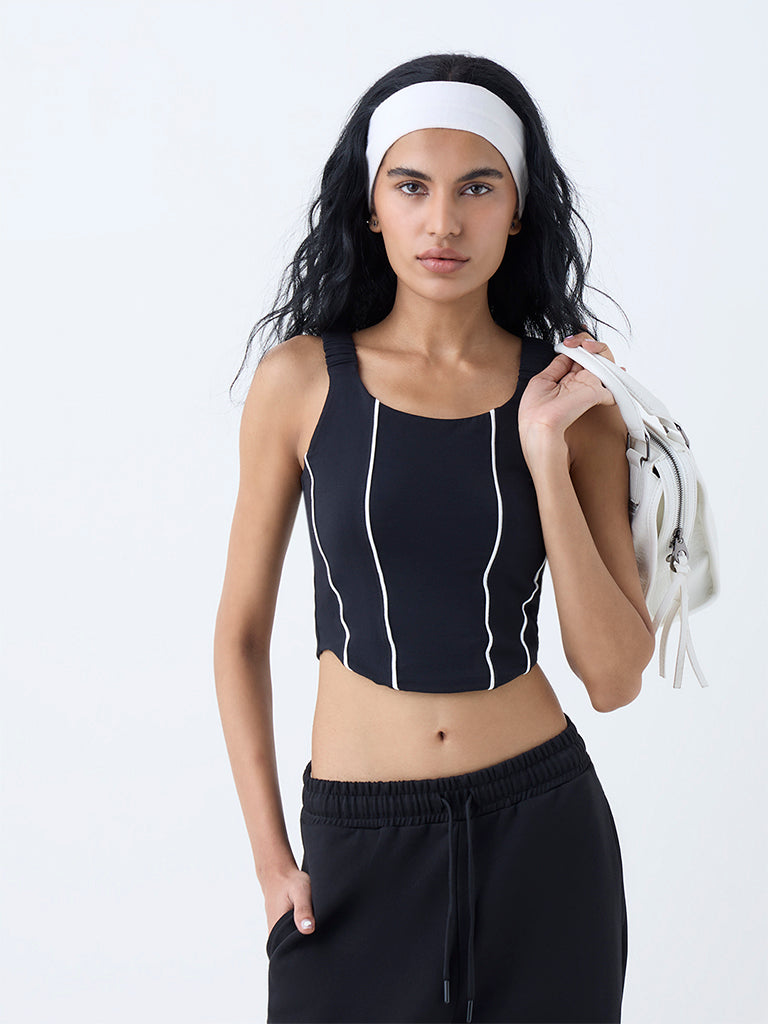 Studiofit Black Striped Cotton-Blend Top