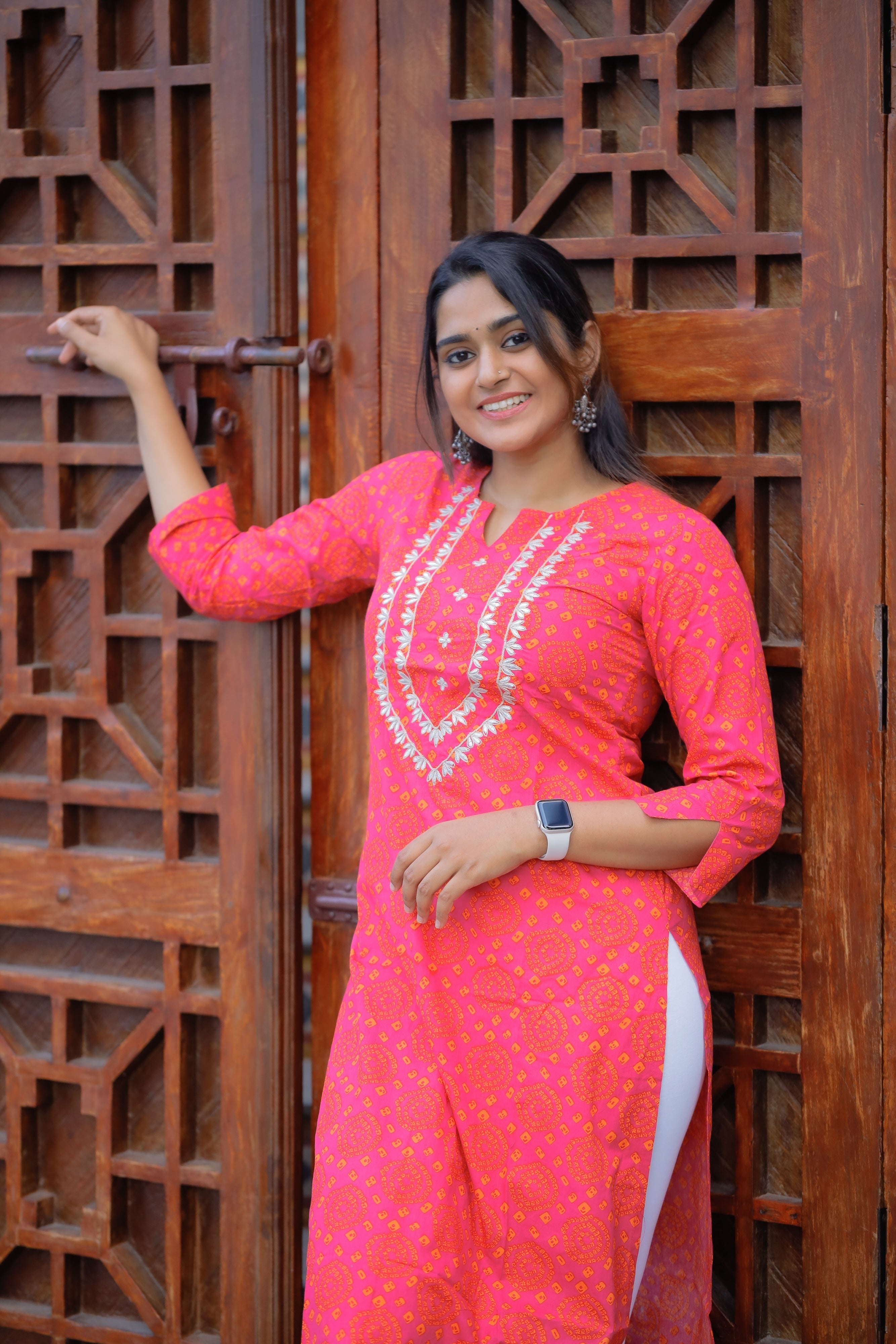 Pattern kurti 7 - Bandhani printed cotton kurta in pink and orange