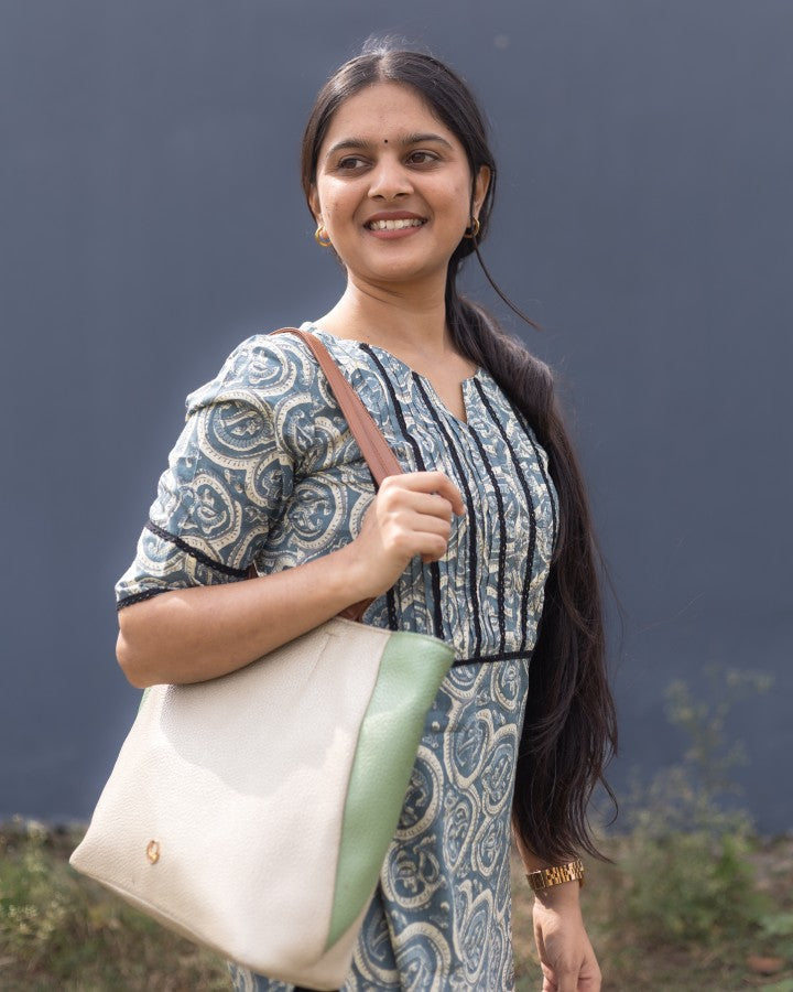 Pattern kurti 23 - Grey handblock printed cotton kurti with black lace detailing