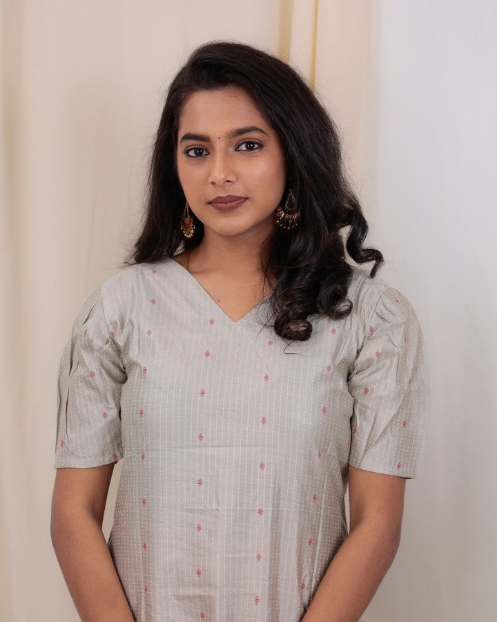 Pattern kurti 20 - Chanderi silk kurti in grey & red